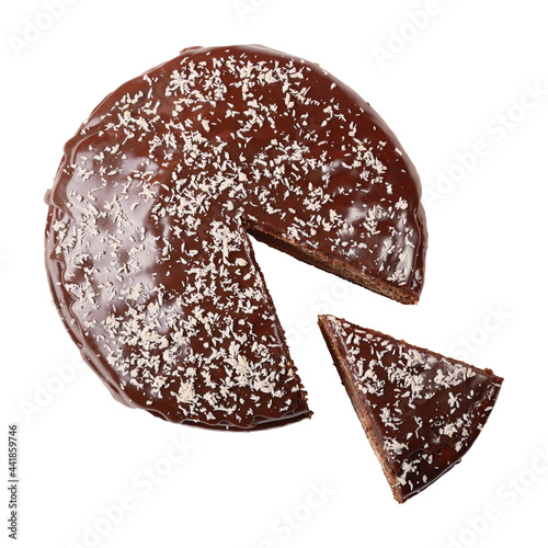 Top view of glazed and sprinkled cake without a piece