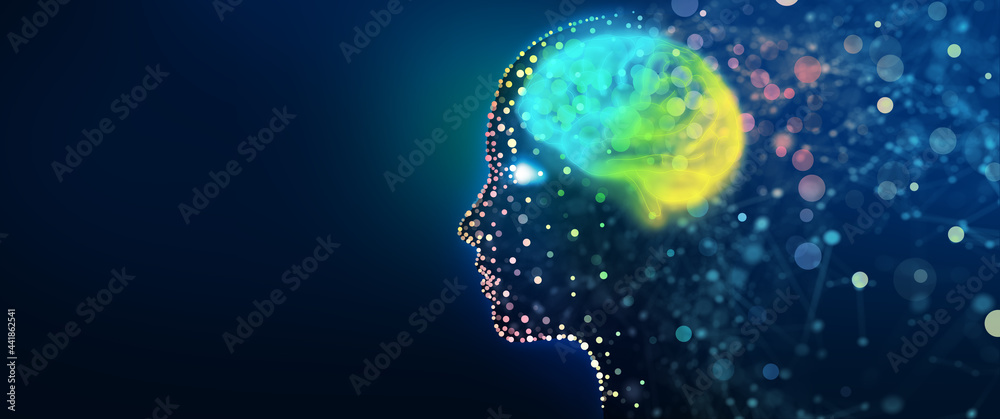 Human head with a luminous brain network. Digital brain, Analysis ...