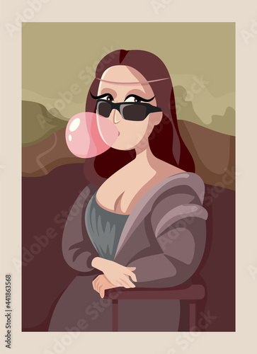 Fototapeta Cool Mona Lisa Wearing Sunglasses Blowing Bubble Gum