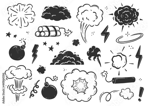 Hand drawn explosion, bomb, smoke element. Comic doodle sketch. Bomb cloud, dynamite, star sign. Vector illustration.