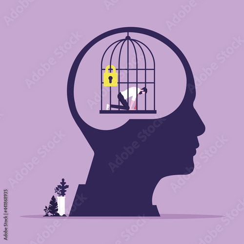 Mind prison psychological concept, Head with personal mental trap as closed cage, Personal growth, Stuck in comfort zone