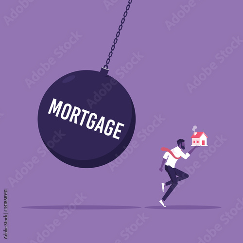 Mortgage investment vector concept, Businessman holding a house and running away from weight of mortgage, Cartoon vector illustration