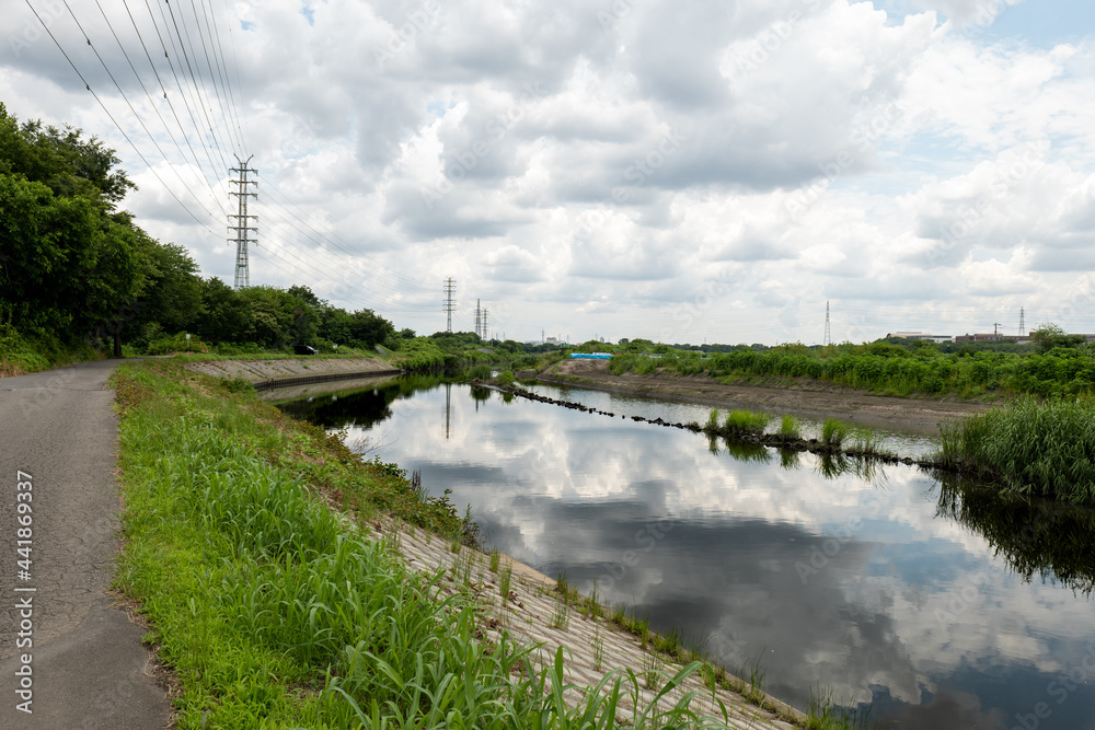 Fototapeta premium 曇り空と小川 さいたま市 芝川