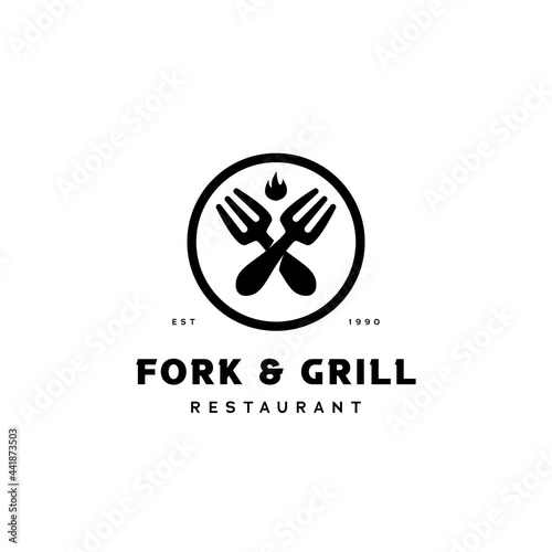 Fork and grill kitchen logo for restaurant business with crossed fork symbol icon