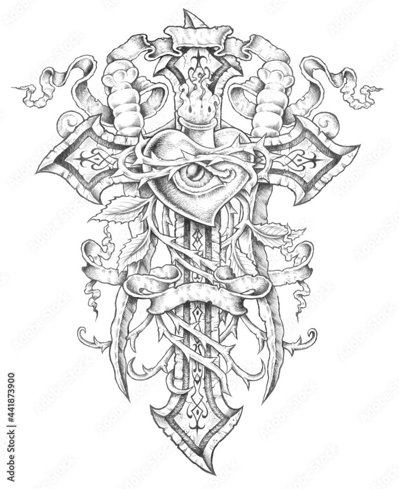 cross with heart with eye and two daggers
