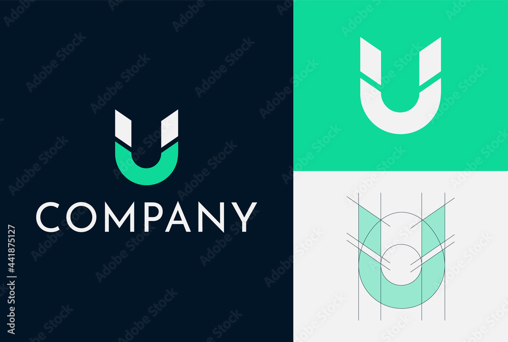 Logo Design For A Company. Letter U Magnet Shape. Clean And Simple. Grid system. Green and blue colors are used. Stock-vektor | Adobe Stock