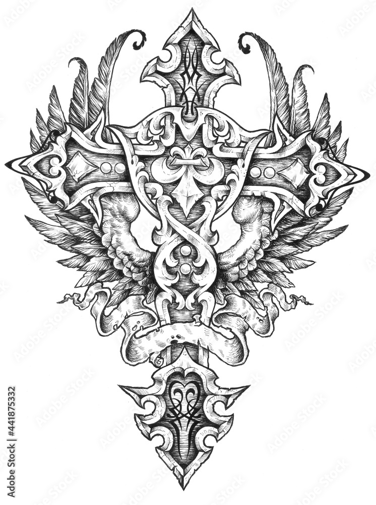 illustration of gothic cross with wings