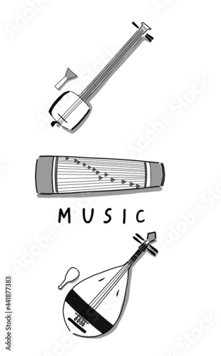Japanese art illustration. Hand drawn sketch. Japanese culture. Vector illustration of Japanese instrument set. Olympic tokyo celemony design elements. Isolated objects. 
