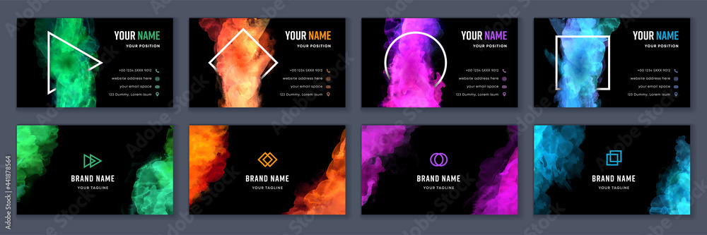 Big set of bright colorful business card template with vector watercolor black background