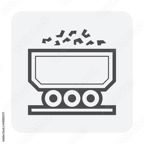 Rail freight transport vector icon. Also called goods wagons or freight wagons. Consist of bulk trolley or cart with goods, cargo or material from mine i.e. iron ore, coal, rock, mineral or gold.
