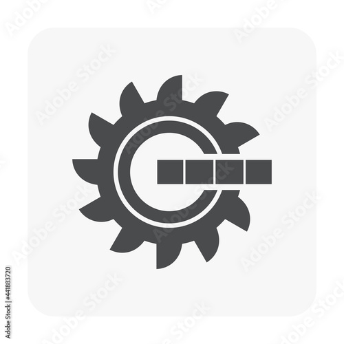 Excavator wheel bucket vector icon. Giant digger or big machine equipment with power and technology for spinning, digging to scoop material i.e. coal, lignite, ore in mine, quarry or mining industry.
