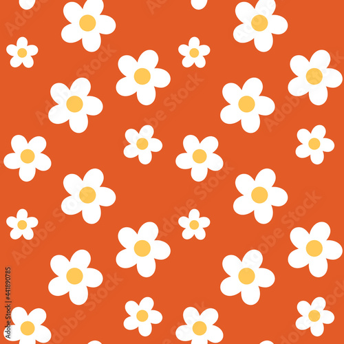 Retro 70s style white daisies scattered on a bold orange background. Seamless repeating vector background.