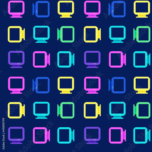 Colorful neon pink, blue, yellow, and green retro computer monitors on a violet purple background. Seamless repeating vector background.