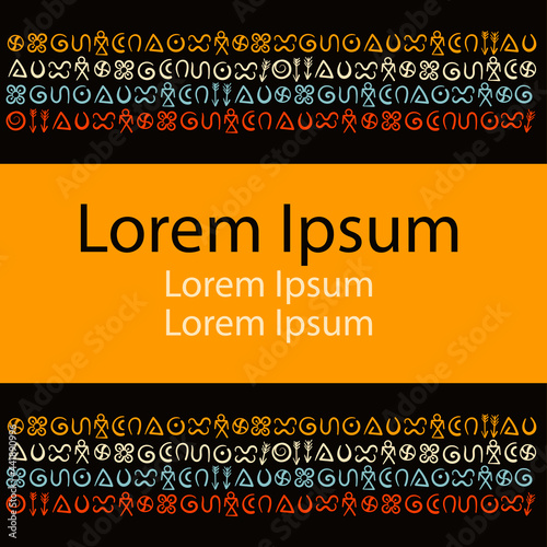 Hand-drawn vector doodles of ancient ethnic symbols. Horizontal border. Ritual screen printing. Abstract signs and elements, ancient writing.