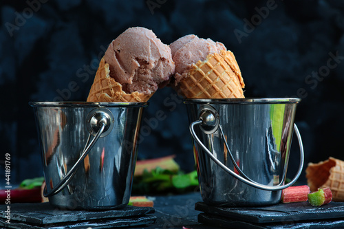 Delicious homemade rhubarb ice cream. Delicate and creamy ice cream. Ice cream dessert.
 photo