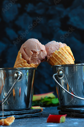 Delicious homemade rhubarb ice cream. Delicate and creamy ice cream. Ice cream dessert.
 photo