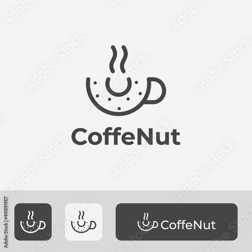 delicious donut logo vector design, combination of donut and coffee cup with minimal line art style