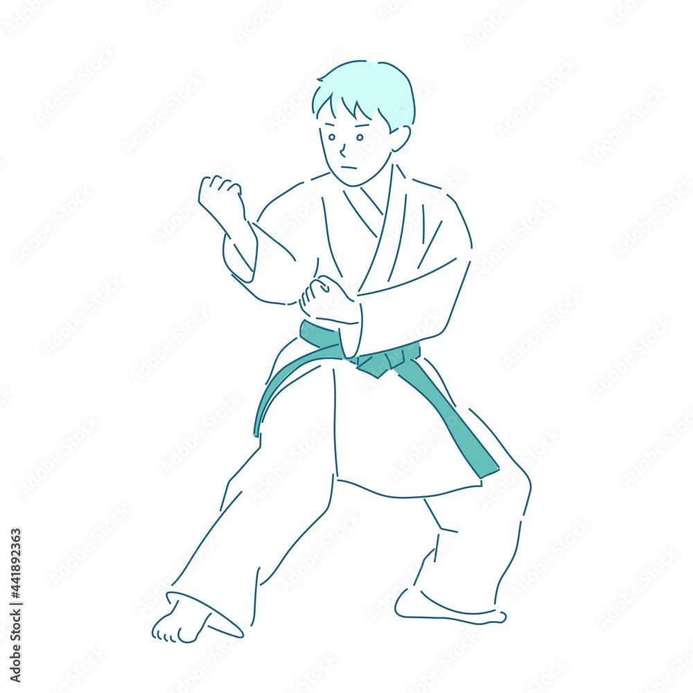 Illustration of a boy doing karate (white background, vector, cut out)