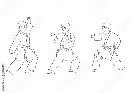 Set of illustrations of boys doing karate (white background, vector, cut out)