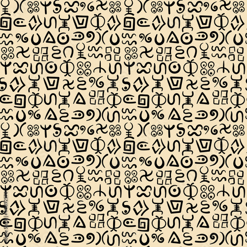 Seamless pattern. Abstract symbols of African tribes. Vector doodles of ancient ethnic traditional symbols.