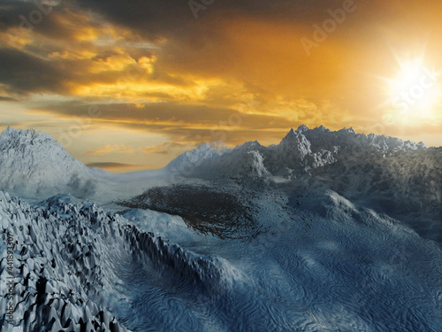 Fantastic scenery with the high mountains in snow and a sunrise in the cold w...