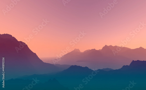 Misty mountain hills landscape. View of layers of mountains and haze in the v...