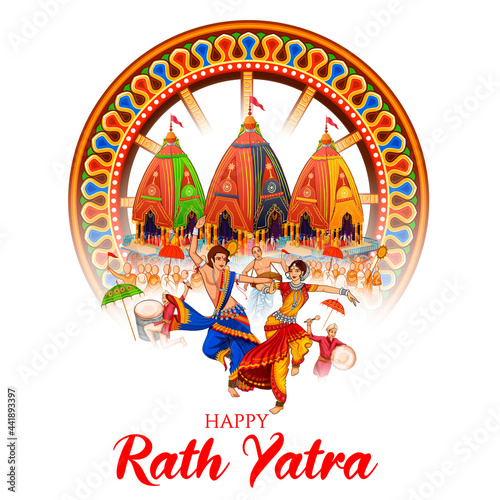 Lord Jagannath, Balabhadra and Subhadra on annual Rathayatra in Odisha festival background
