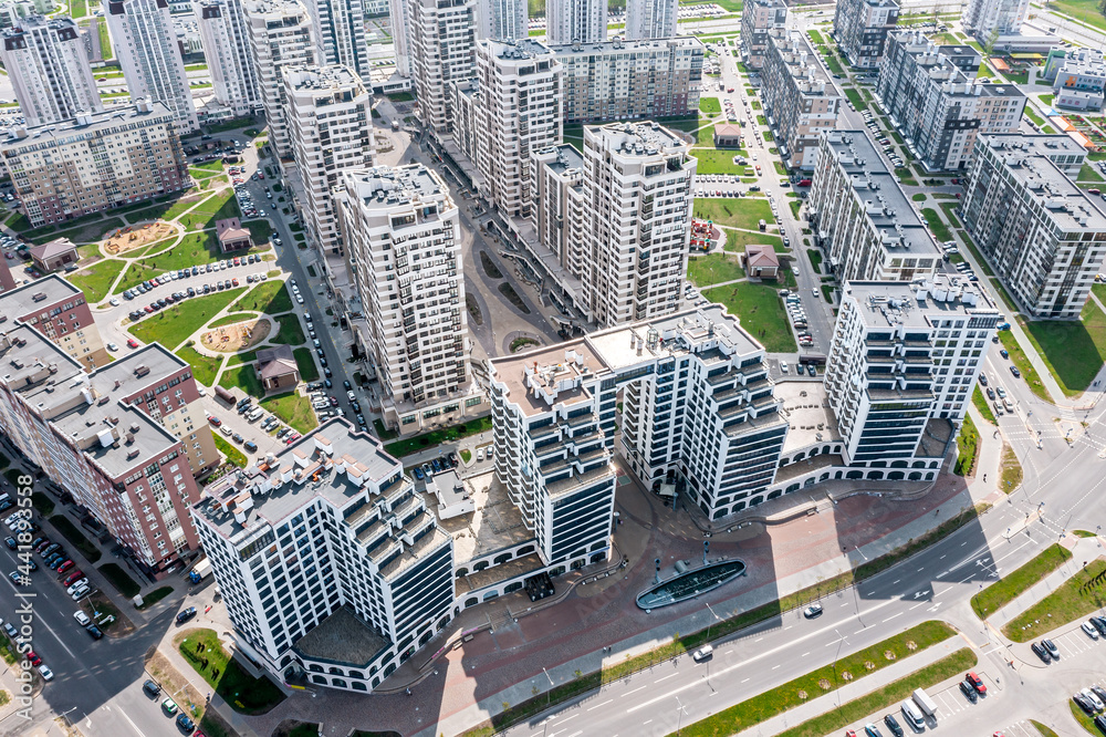 aerial view of the modern residential district Minsk Mayak in Minsk city, Belarus on a sunny summer day