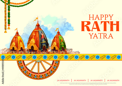 Lord Jagannath, Balabhadra and Subhadra on annual Rathayatra in Odisha festival background