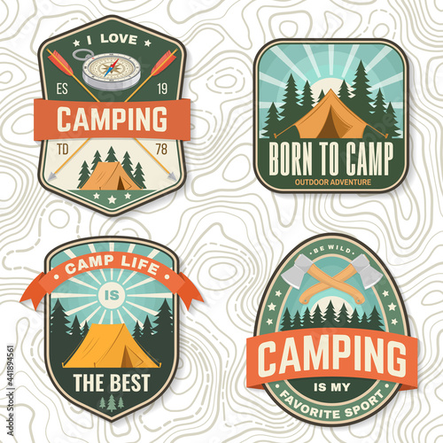 Set of camping badges. Vector Patch or sticker. Concept for shirt or logo, print, stamp or tee. Vintage typography design with compass, tent, mountain, camper trailer and forest silhouette.