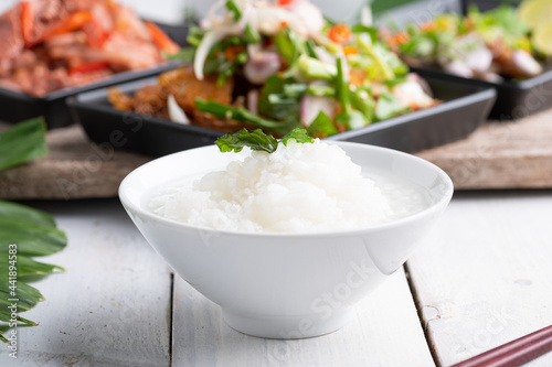 Mush or boiled rice in bowl asian food style