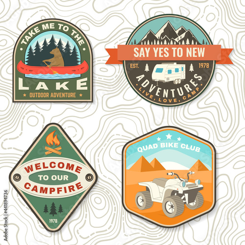 Set of camping badges. Vector Patch or sticker. Concept for shirt or logo, print, stamp or tee. Vintage typography design with quad bike, tent, mountain, camper trailer and forest silhouette.