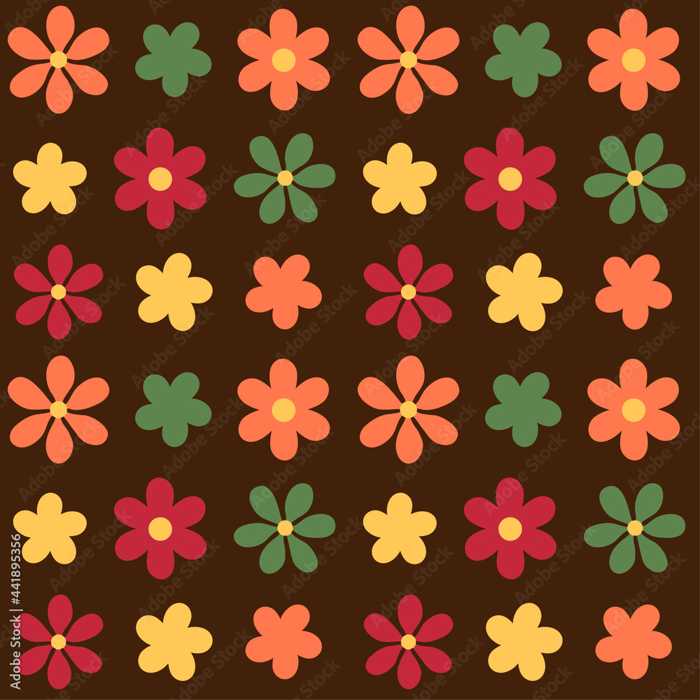 Retro 1970s orange, green, red, and yellow florals on a dark brown background. Seamless repeating vector background. Retro 1970s orange, green, red, and yellow florals on a dark brown background. Seamless repeating vector background.