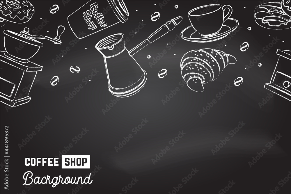 Seamless pattern for coffee shop, restaurant, cafe, bar. Cafe menu  background. Vector. Coffee, croissant, cup, beans, grinder and grinder on  the chalkboard Stock Vector | Adobe Stock