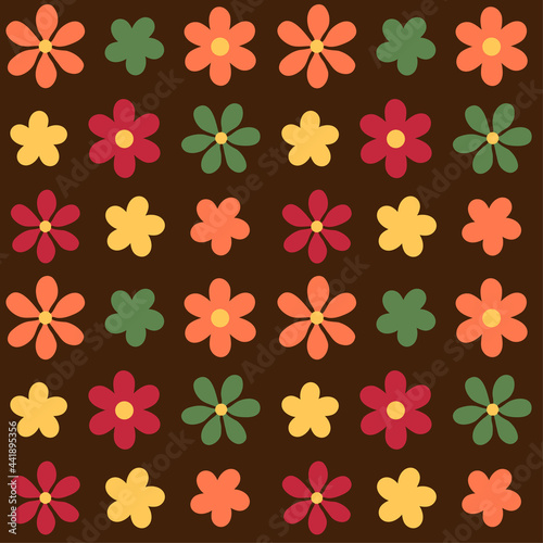 Retro 1970s orange, green, red, and yellow florals on a dark brown background. Seamless repeating vector background.