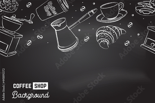 Seamless pattern for coffee shop, restaurant, cafe, bar. Cafe menu background. Vector. Coffee, croissant, cup, beans, grinder and grinder on the chalkboard