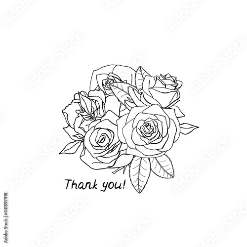 Line art illustration of hand drawn rose flowers bouquet with lettering text thank you. Isolated on white background.