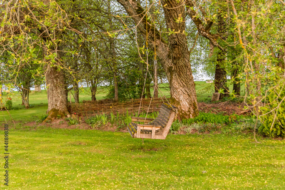 Wooden Swing Hanging from a Tree at a Farm in Latvia at Sunset Wooden Swing Hanging from a Tree at a Farm in Latvia at Sunset
