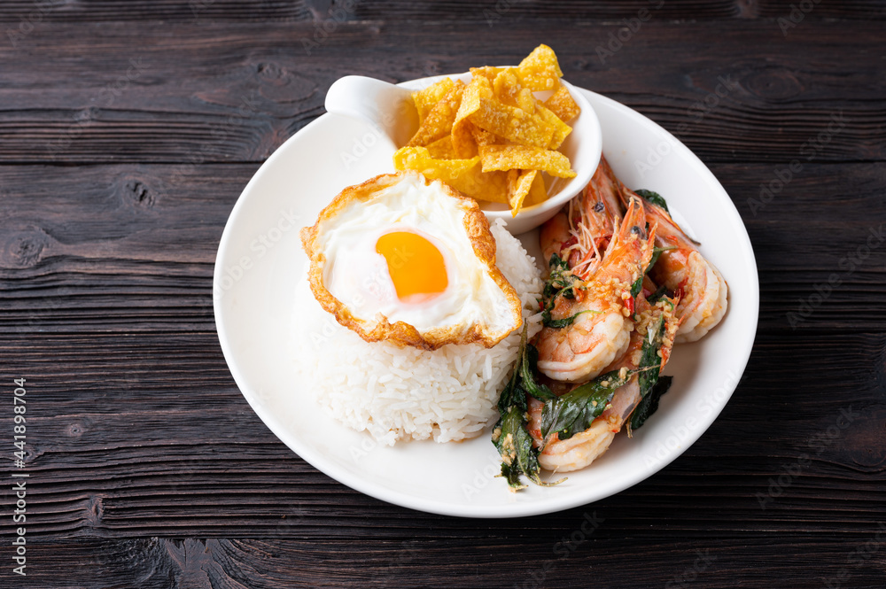 Stir fried Spicy Prawn , Thai Holy Basil With Steamed Rice And Fried egg Stir fried Spicy Prawn , Thai Holy Basil With Steamed Rice And Fried egg