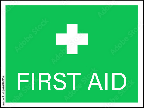First aid typography Text with white cross sign, green background, Illustration image