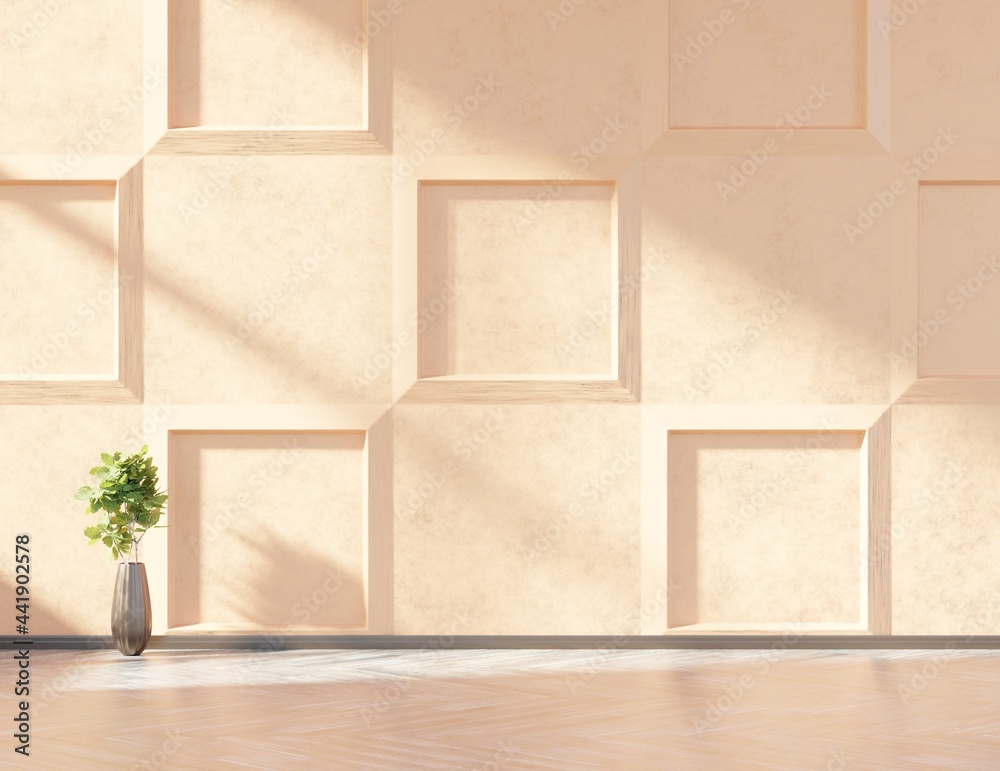 Pink wall with sunlight. Wooden floor with plant in a vase. 3D rendering.