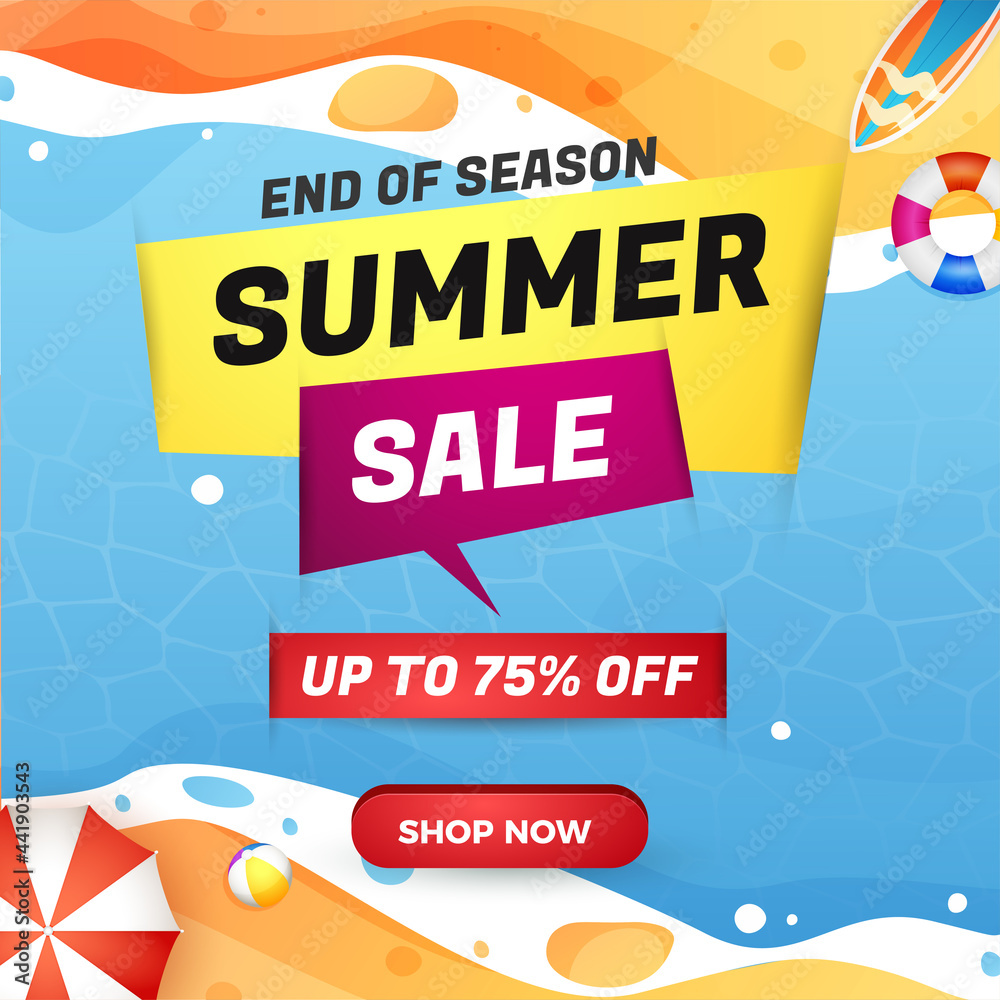 Summer sale banner end of season with beach background illustration media social template flyer