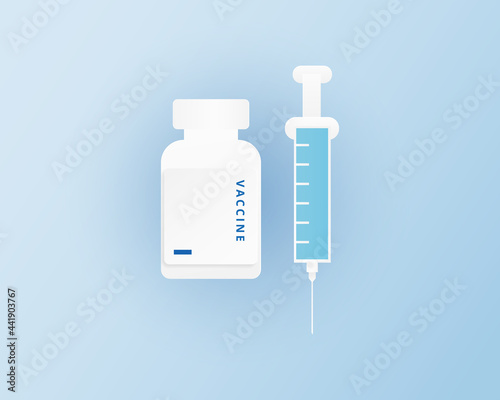 Medical syringe with vaccine in paper cut style. Vaccine concept isolated on blue background. Vector illustration.