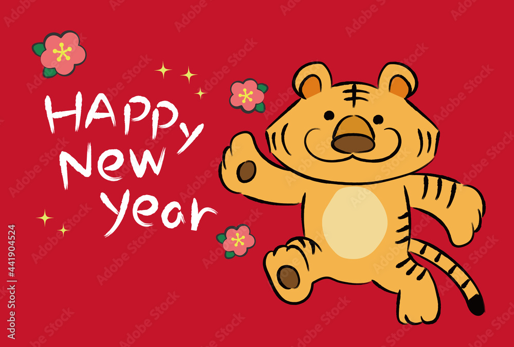 Obraz Tiger cartoon for New Year’s greeting card with English message. Vector illustration isolated on a red background.