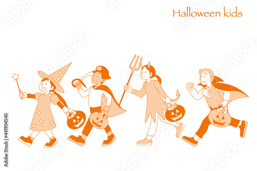 ハロウィンで仮装した子供たちのシンプルイラスト