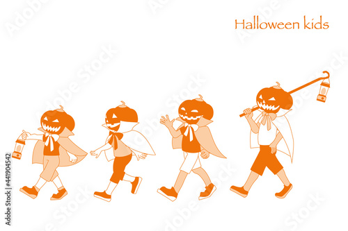 ハロウィンでカボチャに仮装した子供たちのシンプルイラスト