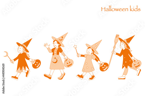 ハロウィンで魔女に仮装した子供たちのシンプルイラスト