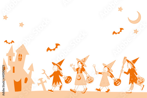 ハロウィンで魔女に仮装して行進する子供たちのシンプルカラーイラスト