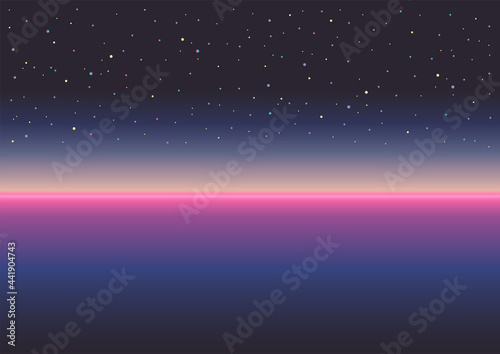 Night stars sky. Abstract skyline landscape. Vector. Retrowave, synthwave, vaporwave background. Retro, vintage 80s, 90s style. Black, purple, pink, blue colors. Banner, print, wallpaper, web template