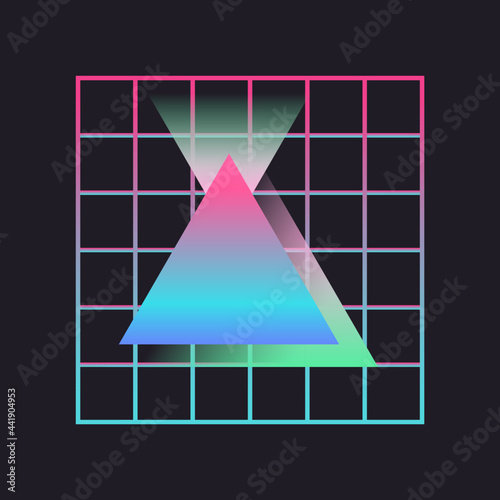Glowing triangle. Retrowave, synthwave, rave, vapor wave, cyberpunk party background. Neon light grid. Retro, vintage 1980s, 1990s. Black, purple, pink, blue neon colors. Banner, print, web wallpaper